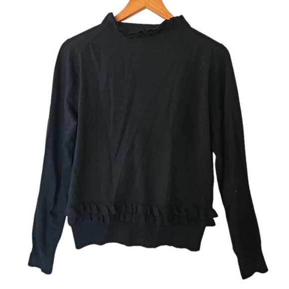 J. Crew Black Cardigan 100% Merino Wool‎ L Large Ruffle Lightweight Soft - Picture 11 of 11
